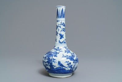 A Chinese blue and white bottle vase with birds in a landscape, Wanli