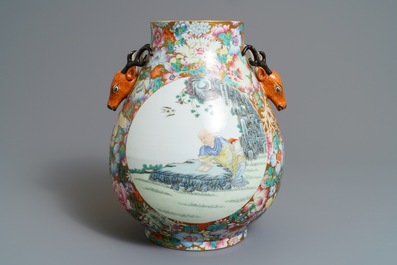 A Chinese famille rose 'millefleurs' hu vase, Qianlong mark, 20th C.