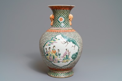A Chinese famille rose elephant-handle hu vase, Wanli mark, 19th C.