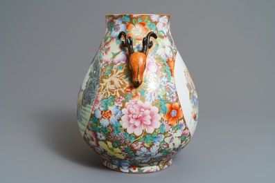 A Chinese famille rose 'millefleurs' hu vase, Qianlong mark, 20th C.