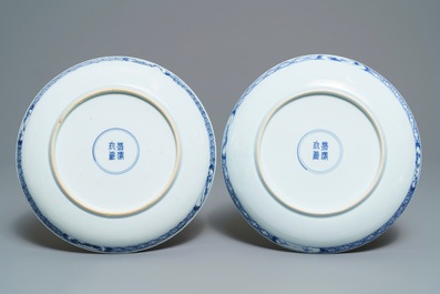 A pair of Chinese blue and white figurative dishes, Kangxi/Yongzheng
