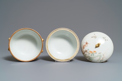 Een Chinese qianjiang cai dekselkom, Qianlong merk, 19/20e eeuw
