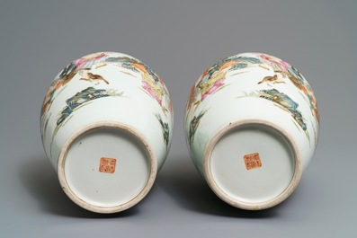 A pair of Chinese famille rose vases, Qianlong mark, 20th C.