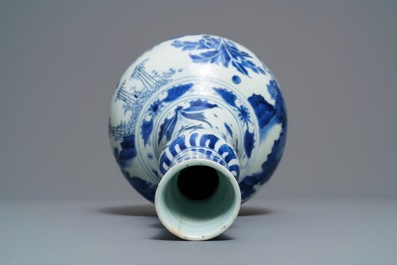A Chinese blue and white bottle vase with figures in a landscape, Transitional period