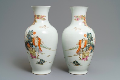 A pair of Chinese famille rose vases, Qianlong mark, 20th C.