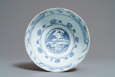 Een Chinese blauwwitte Hatcher Cargo kom, Wanli