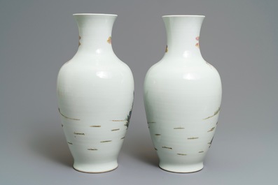 A pair of Chinese famille rose vases, Qianlong mark, 20th C.