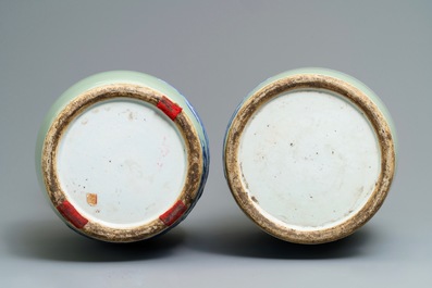 A pair of Chinese blue and white on celadon ground 'immortals' vases, 19th C.