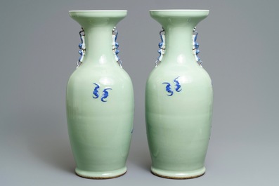 A pair of Chinese blue and white on celadon ground 'immortals' vases, 19th C.