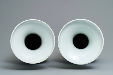 A pair of Chinese blue and white on celadon ground 'immortals' vases, 19th C.