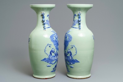 A pair of Chinese blue and white on celadon ground 'immortals' vases, 19th C.