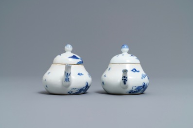 A pair of Chinese blue and white 'Bleu de Hue' Vietnamese market teapots, 19th C.