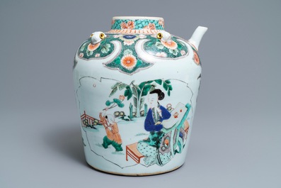 A large Chinese famille verte teapot or ewer, Kangxi