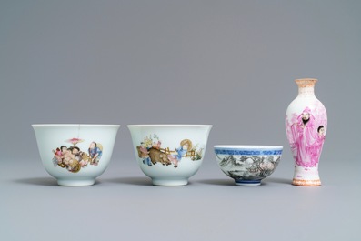 Four Chinese famille rose and grisaille eggshell wares, 20th C.