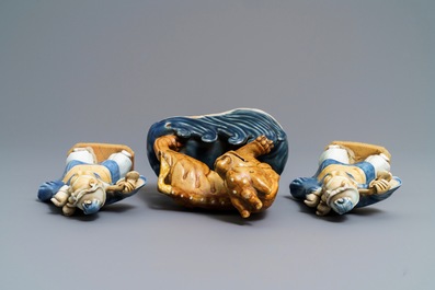 Three Chinese blue and white biscuit figures, Qianlong