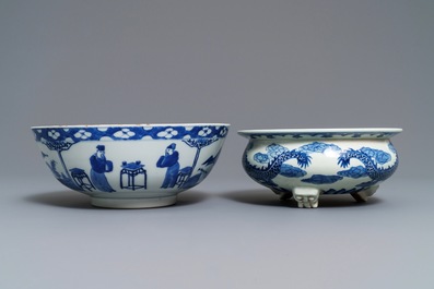 A Chinese blue and white bowl and a 'dragon' incense burner, 19th C.