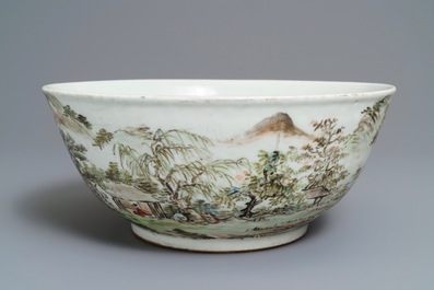 A large Chinese qianjiang cai 'landscape' bowl, 20th C.