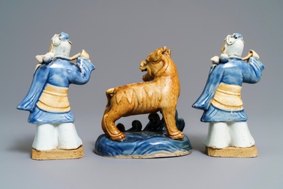 Three Chinese blue and white biscuit figures, Qianlong