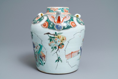 A large Chinese famille verte teapot or ewer, Kangxi