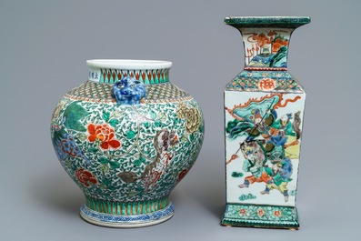 A square Chinese famille verte 'warriors' vase and a wucai 'mythical beasts' vase, 19th C.