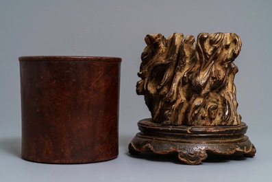Two Chinese wooden brush pots, 19/20th C.