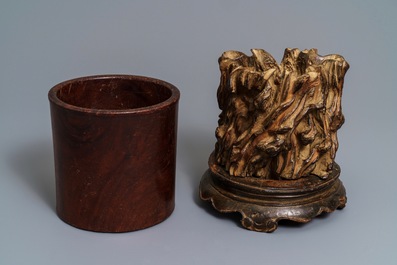 Two Chinese wooden brush pots, 19/20th C.
