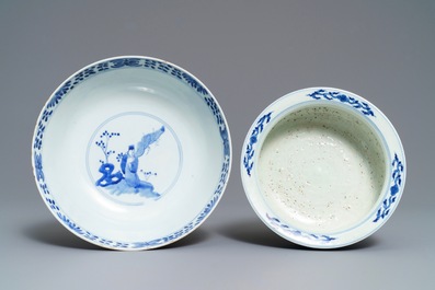 A Chinese blue and white bowl and a 'dragon' incense burner, 19th C.