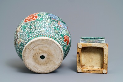 A square Chinese famille verte 'warriors' vase and a wucai 'mythical beasts' vase, 19th C.