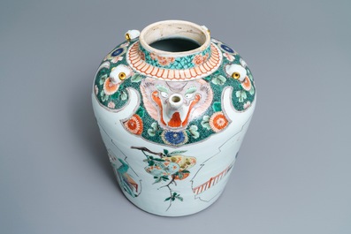 A large Chinese famille verte teapot or ewer, Kangxi