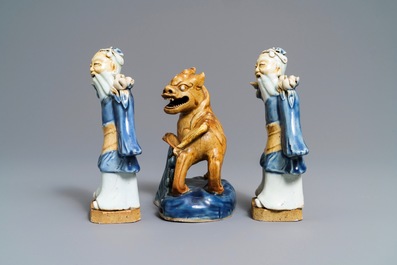 Three Chinese blue and white biscuit figures, Qianlong