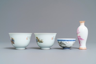 Four Chinese famille rose and grisaille eggshell wares, 20th C.