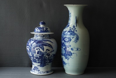 Six Chinese blue and white and famille rose vases, 19th C.