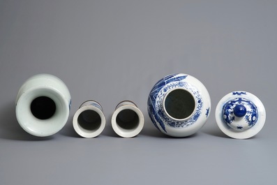 Six Chinese blue and white and famille rose vases, 19th C.