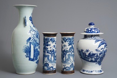 Six Chinese blue and white and famille rose vases, 19th C.
