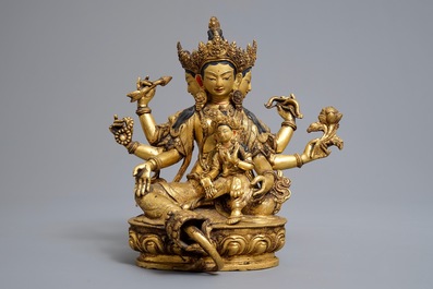Five Sino-Tibetan gilt bronze Buddha figures, 19/20th C.