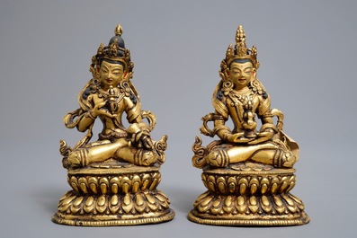 Five Sino-Tibetan gilt bronze Buddha figures, 19/20th C.