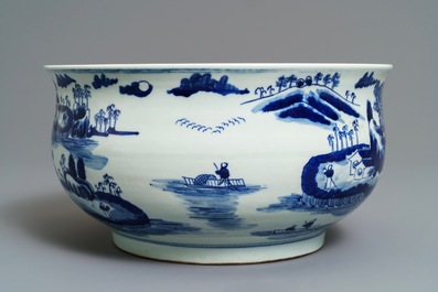 A Chinese blue and white 'river landscape' censer, 19th C.