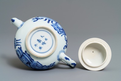 A Chinese blue and white teapot and cover with antiquities design, Kangxi