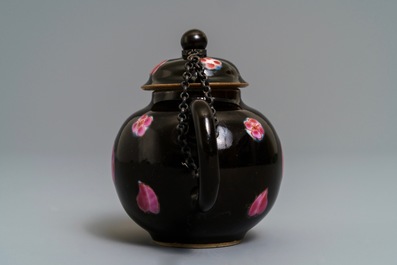 A small Chinese famille rose black-ground teapot and cover, Yongzheng/Qianlong