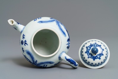 A Chinese blue and white teapot and cover with antiquities design, Kangxi
