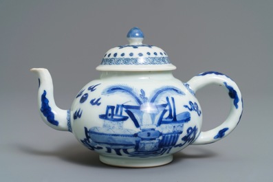 A Chinese blue and white teapot and cover with antiquities design, Kangxi