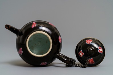 A small Chinese famille rose black-ground teapot and cover, Yongzheng/Qianlong