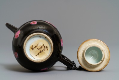 A small Chinese famille rose black-ground teapot and cover, Yongzheng/Qianlong