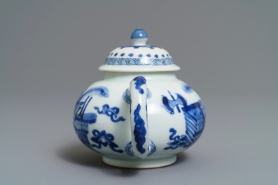 A Chinese blue and white teapot and cover with antiquities design, Kangxi