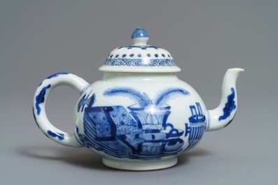 A Chinese blue and white teapot and cover with antiquities design, Kangxi