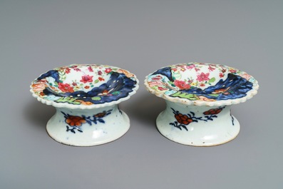 A pair of Chinese famille rose 'Tobacco leaf' salts, Qianlong