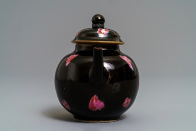 A small Chinese famille rose black-ground teapot and cover, Yongzheng/Qianlong