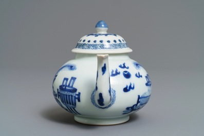 A Chinese blue and white teapot and cover with antiquities design, Kangxi