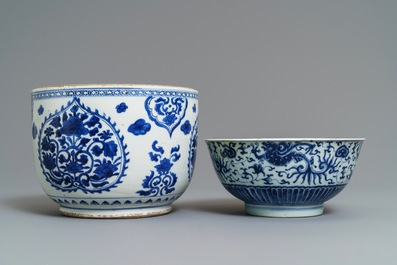 A pair of Chinese blue and white vases and two bowls, Kangxi