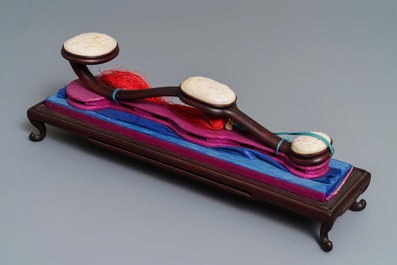 A Chinese jade-embellished wood scepter in display box, Republic, 20th C.